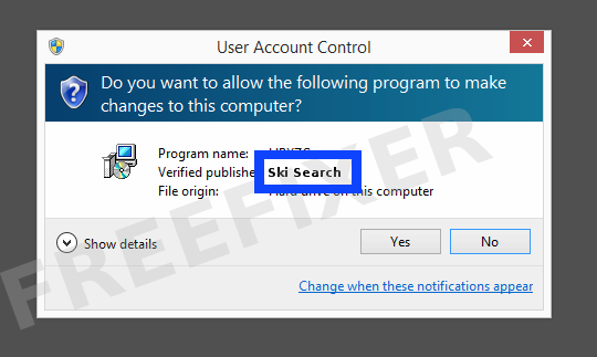 Screenshot where Ski Search appears as the verified publisher in the UAC dialog